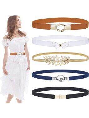 5 Pack Women’s Skinny Stretch Belts - Plus Size Fashion Waist Belts for Dresses